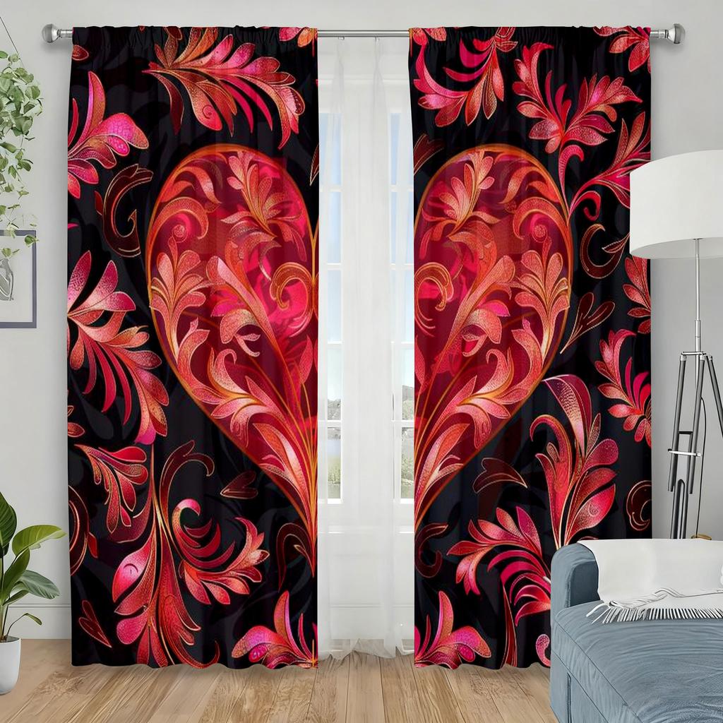 2pcs Gilded Heart-shaped Patterned Curtains   Light Luxury Retro Romance   Bedroom Living Room   Drawbar Pocket Decoration