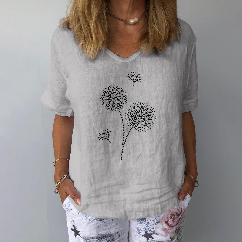 Mode Baumwolle Leinen Lose Beiläufige Bluse Frauen Vintage Kurzarm Gedruckt Hemd Frauen Elegante V Hals Büro Dame Tops