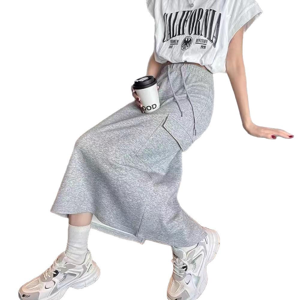 Women's High-Waisted A-Line Midi Skirt with Pockets - Versatile Casual Knit for Spring & Autumn