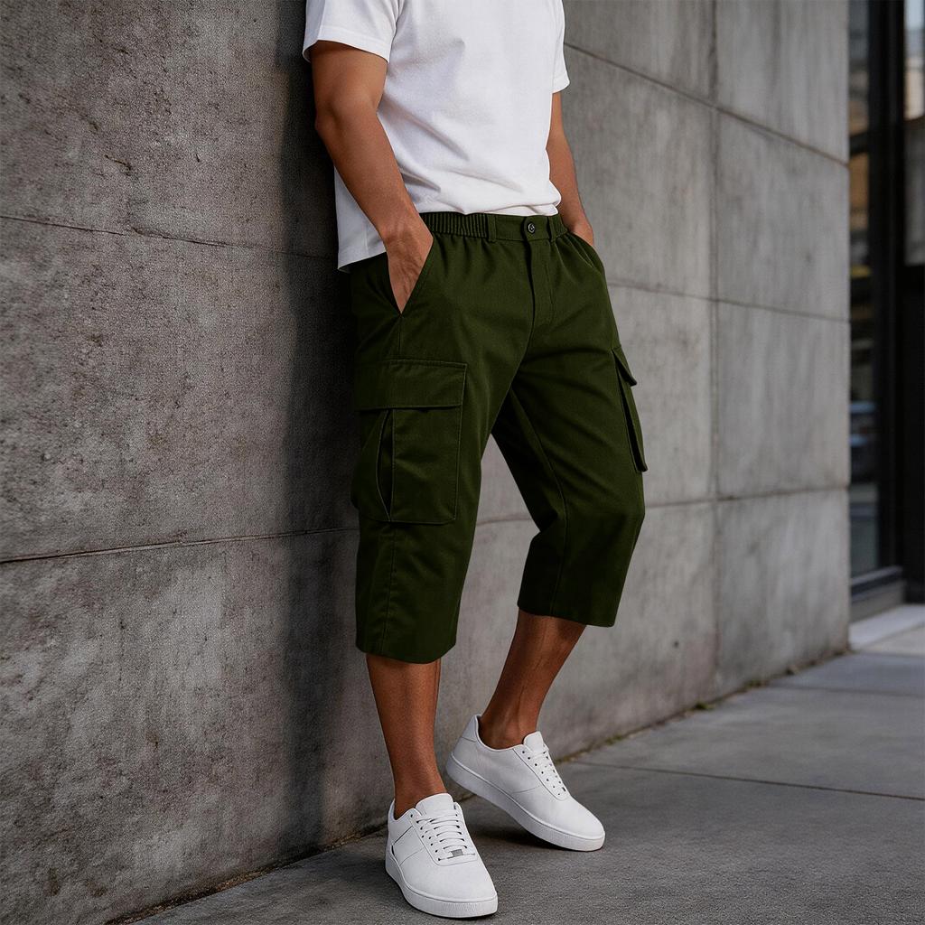 Men's Solid Color Button Closure Elastic Waist Cargo Capri Pants with Six Pockets Workwear Style Casual Fit