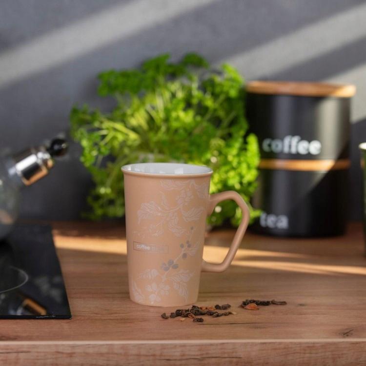 Kubek porcelanowy 420 ml beżowy z motywem kawowca na napoje gorące 1 szt.