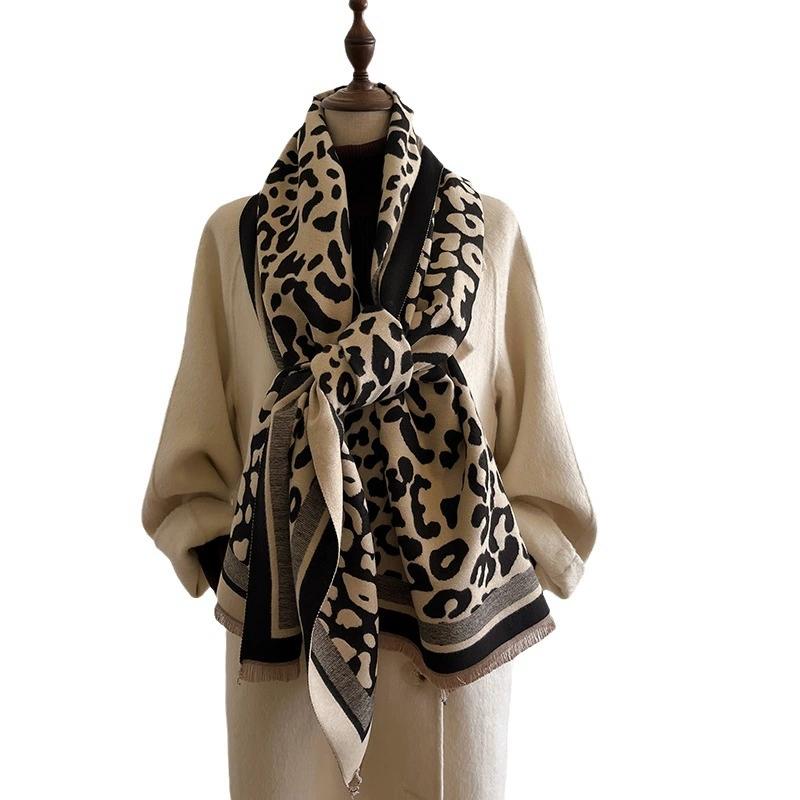 Women Winter Warm Leopard Printed Faux Cashmere Scarf Fashion Winter Cold-Proof Shawls And Wraps