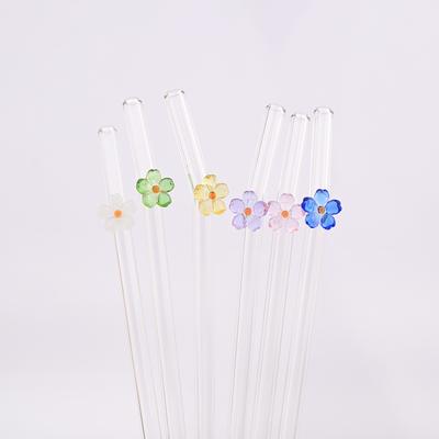 10pcs Creative Flower Reusable Straw High Borosilicate Glass Straw Milk Tea Juice Cocktail Straw Set with Brush Bar Accessories