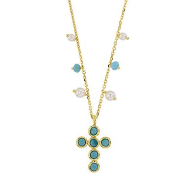 [R5469] - Handcrafted Silver Necklace 'Gypsy Cross' Turquoise Gold - 17x13 Mm