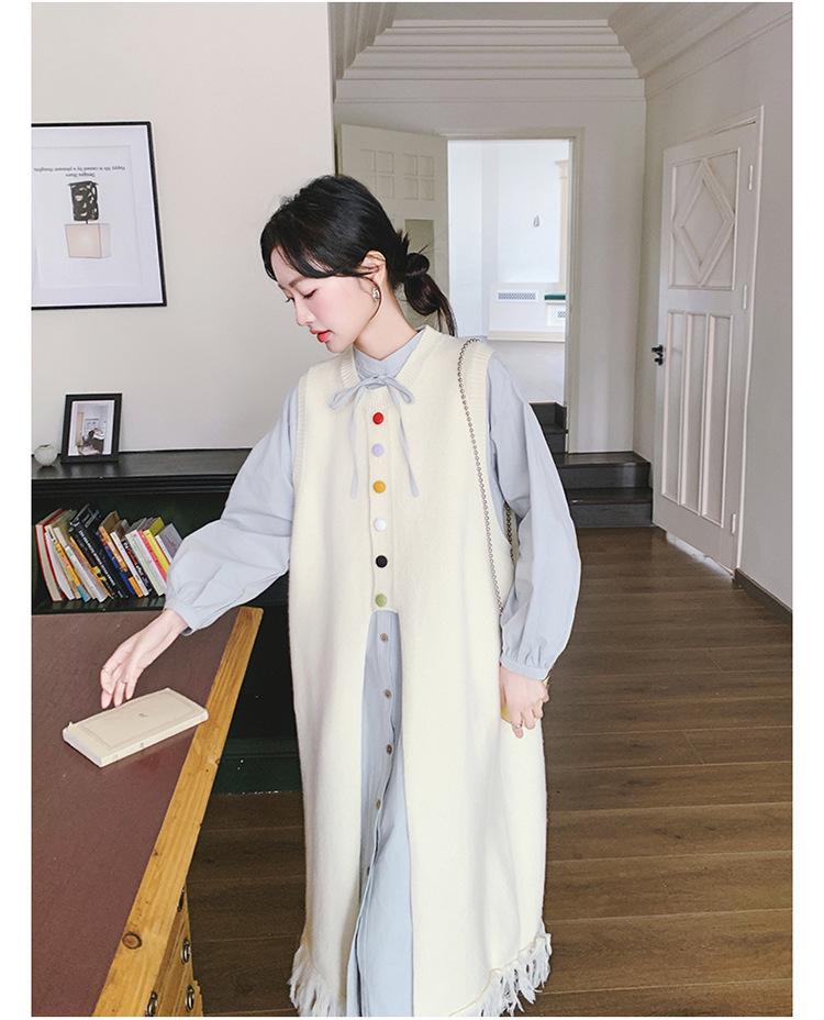 Women's Spring 2025 Playful Two-Piece: Colorful Button Shirt Dress & Tassel Knit Vest Suit