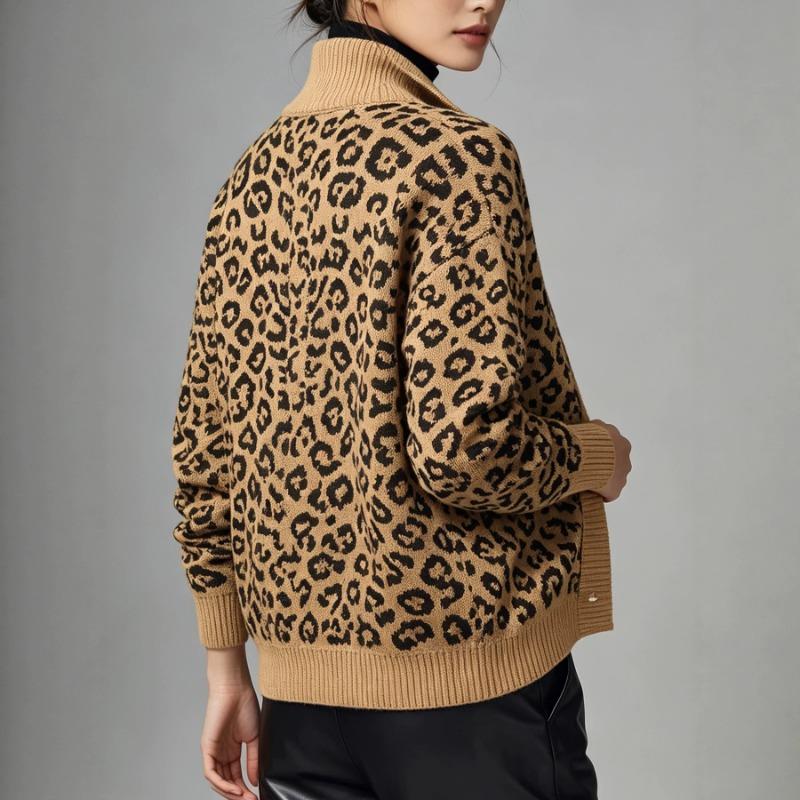 Women S V Neck Leopard Print Knit Cardigan Long Sleeve Casual Top