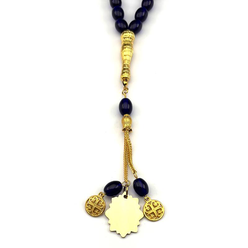 Islam Muslimisch Arabisch Koran Allah Autoanhänger für Frauen Männer Edelstahl Goldfarbe Blaue Glasperlenkette Amulett Schmuck
