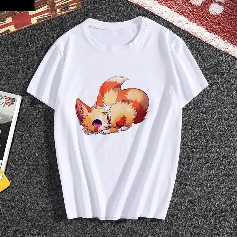 Kawaii Fox Print Ladies Tshirt Ladies Casual Basis Ocollar White T Shirt Short Sleeve Ladies Tshirt Cute Animal Graphics Tops