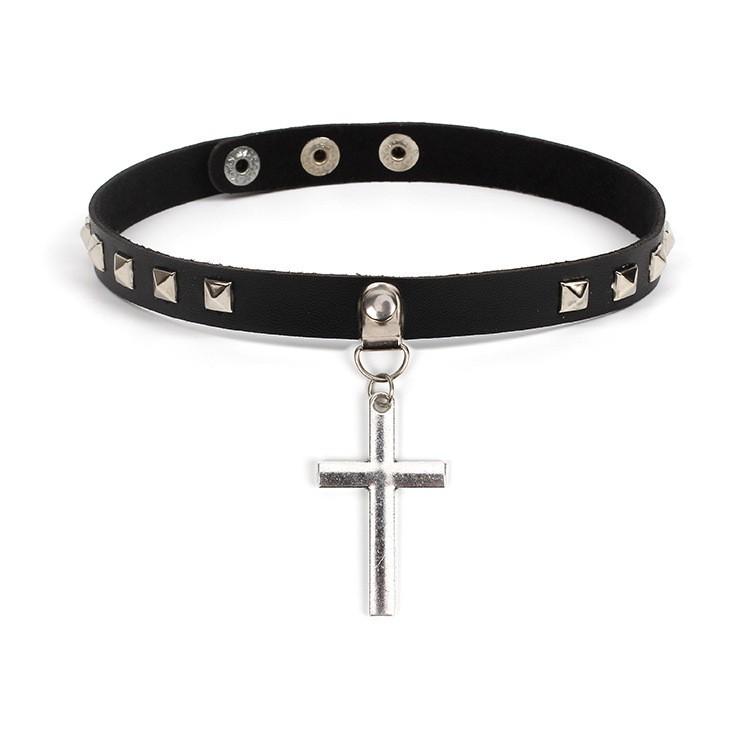 PU Leather Choker Necklace with Cross Pendant and Vintage Studded Design Adjustable Closure Gothic Style Accessory for Everyday Wear