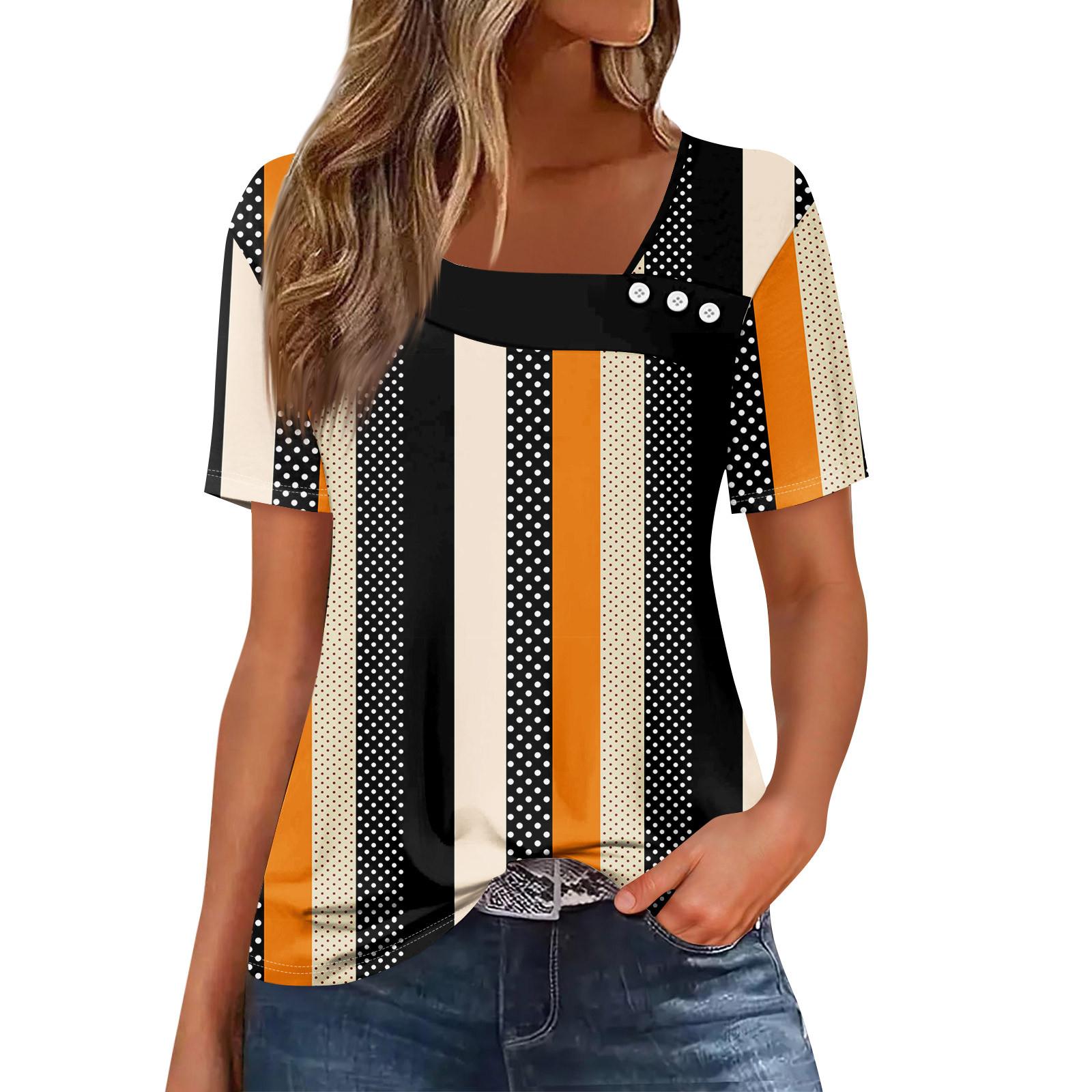 

Жіноча повсякденна футболка з асиметричним вирізом і короткими рукавами з принтом і декоративними ґудзиками XXXL помаранчевий