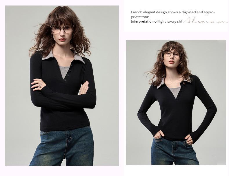 Dámské barevně blokované polo tričko Henley s dlouhým rukávem a úzkým střihem (Kolekce Podzim 2025)