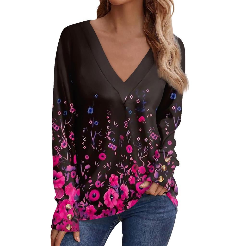 T-shirt Top a Manica Lunga da Donna Casual con Scollo a V, Stampa, Bottoni Decorativi, Top per Donna, Top e Bluse da Donna, Top Eleganti