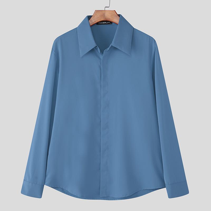 

INCERUN Мужские повседневные рубашки с лацканами, длинным рукавом и застежкой на пуговицы 5XL синий