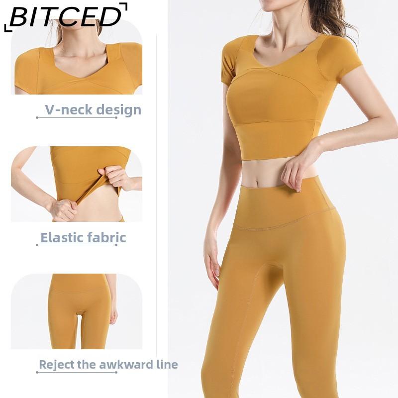 BITCED Women's Quick-Dry Short-Sleeve Sports Top with Built-in Bra, Plus Size Yoga Wear, Morning Run Fitness Set for Summer and Fall