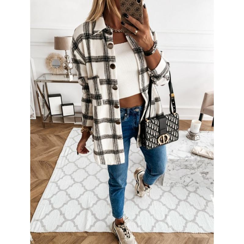 Autumn and Winter Loose Casual Retro Plaid Long Sleeved Shirt Jacket for Women