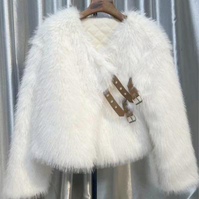 Chaqueta tipo cárdigan de otoño e invierno para mujer, con hebilla y correa de felpa peluda, con cuello en V, mangas largas, gruesa, de color sólido, de piel sintética, de punto