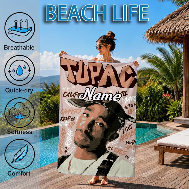 Custom Name Tribute Tupac's Legacy Heart In Space Adventure Microfiber Beach Towel, Lightweight for Summer Travel, Swimming Pool Fan Gift