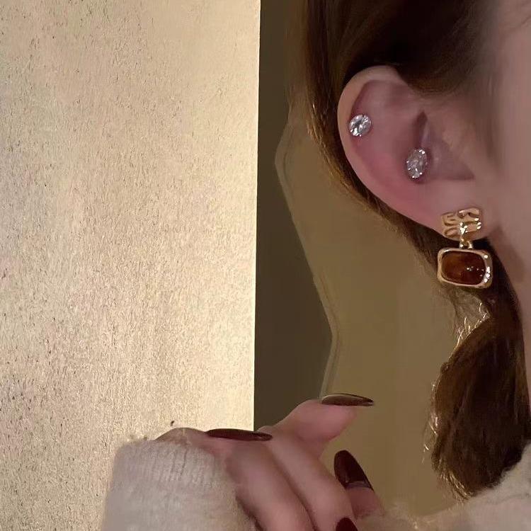 Who Can'T Love~ Maillard Amber Earrings French Retro Elegance Temperament Niche Design Resin Stud Earrings