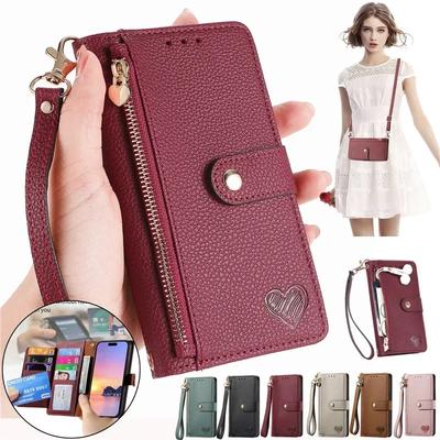 Crossbody Zipper Wallet Card Phone Case for iPhone 17 Air 16E 16 Pro Max 15 14 Plus 13 12 11 XS XR X Lanyard Leather Flip Cover