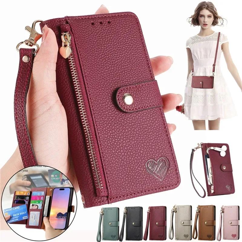 Crossbody Zipper Wallet Card Phone Case for iPhone 17 Air 16E 16 Pro Max 15 14 Plus 13 12 11 XS XR X Lanyard Leather Flip Cover