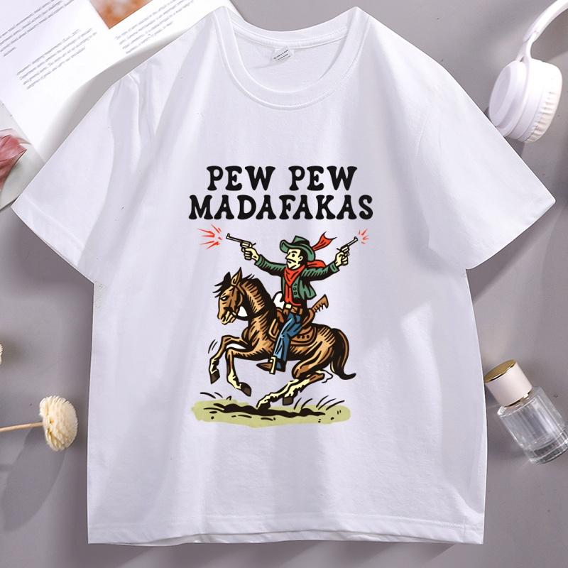 

Retro Cowboy T Shirt Unisex Women Pew Pew Madafakas Tshirt Funny Western Cotton Short Sleeve Vintage Cowboy Graphic Tee Shirt 3XL