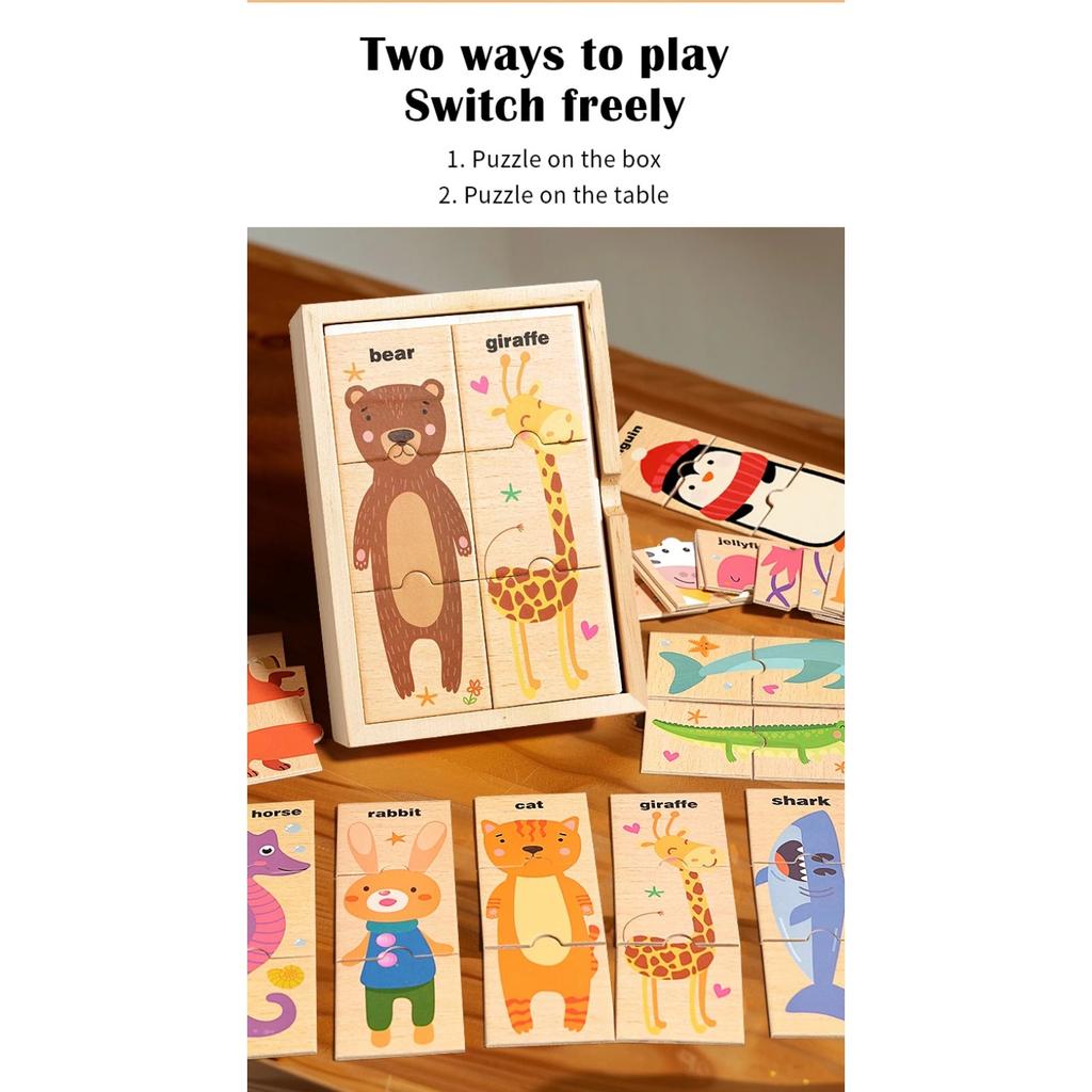 Drewniana zabawka edukacyjna Montessori Gra pamięciowa z dopasowywaniem wzorów zwierząt dla dzieci Poznawanie słów angielskich Układanka planszowa Prezent dla dzieci