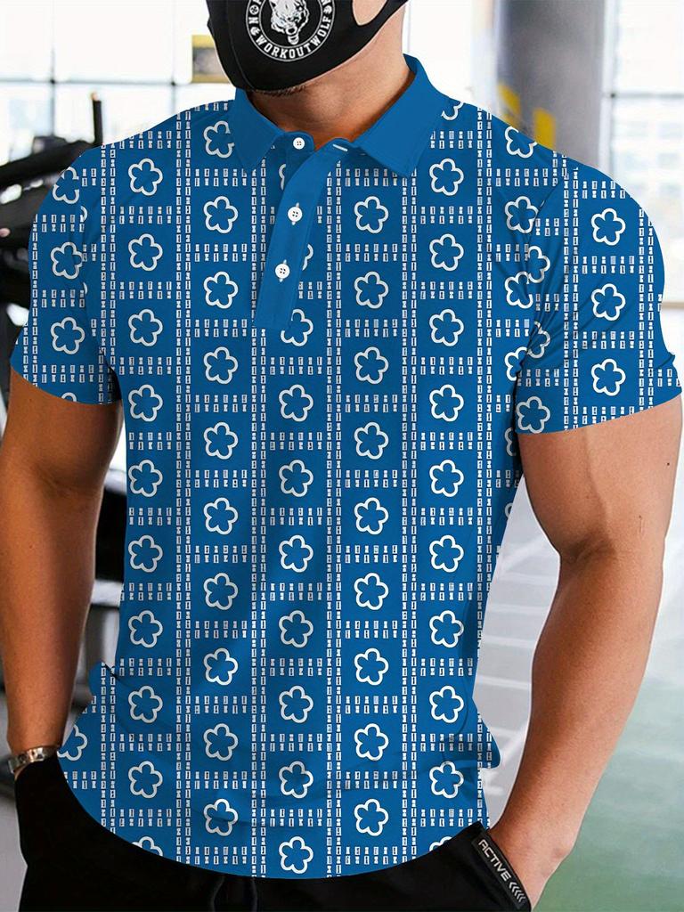 Printed Design – Not Textured Men's Short Sleeve Polo Fashion Golf Tee in Blue and White with Geometric Floral Pattern, Stylish Casual Men's T-Shirt