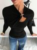 Women's Asymmetrical Hollow Metal Buckle Long Sleeve T-shirt - Solid Color, Autumn/Winter Style