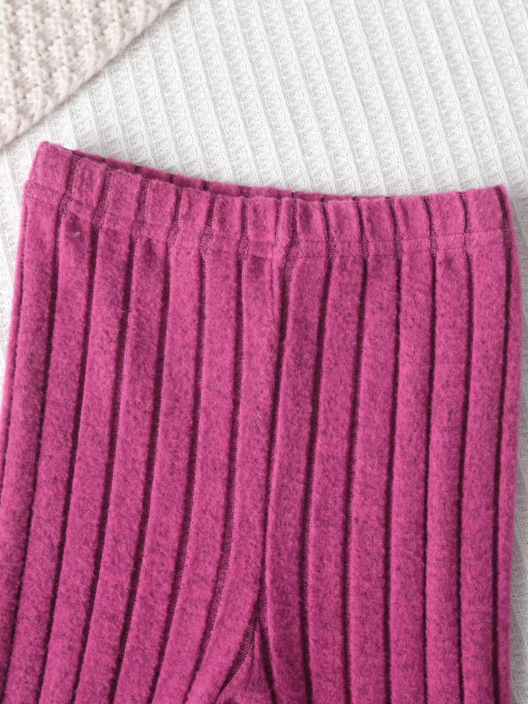 Girls' Casual Ribbed Set Of 2 Pieces, Long-Sleeved Round-Neck Shirt And Long Pants For Spring And Autumn Outdoor Or Home