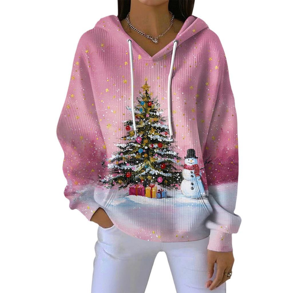 Women's Loose Comfortable Casual Fashion V-Neck Christmas Print Long Sleeve Hoodie