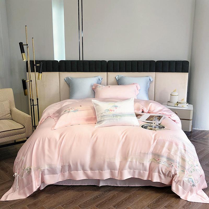 Four-piece Set of Pure Cotton Bedding, Embroidered Skin-friendly and Breathable Quilt Cover, Bed Sheet Quilt Pillowcase Set