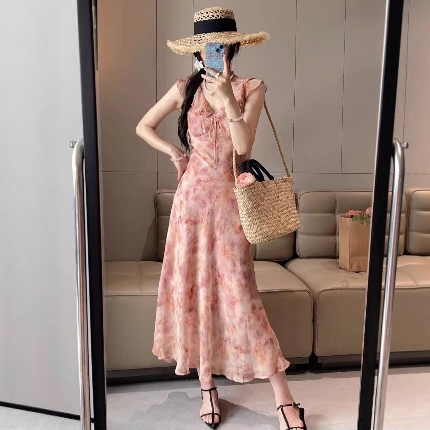 French retro V-neck pink ruffle edge floral suspender dress women's summer new waist and thin skirt