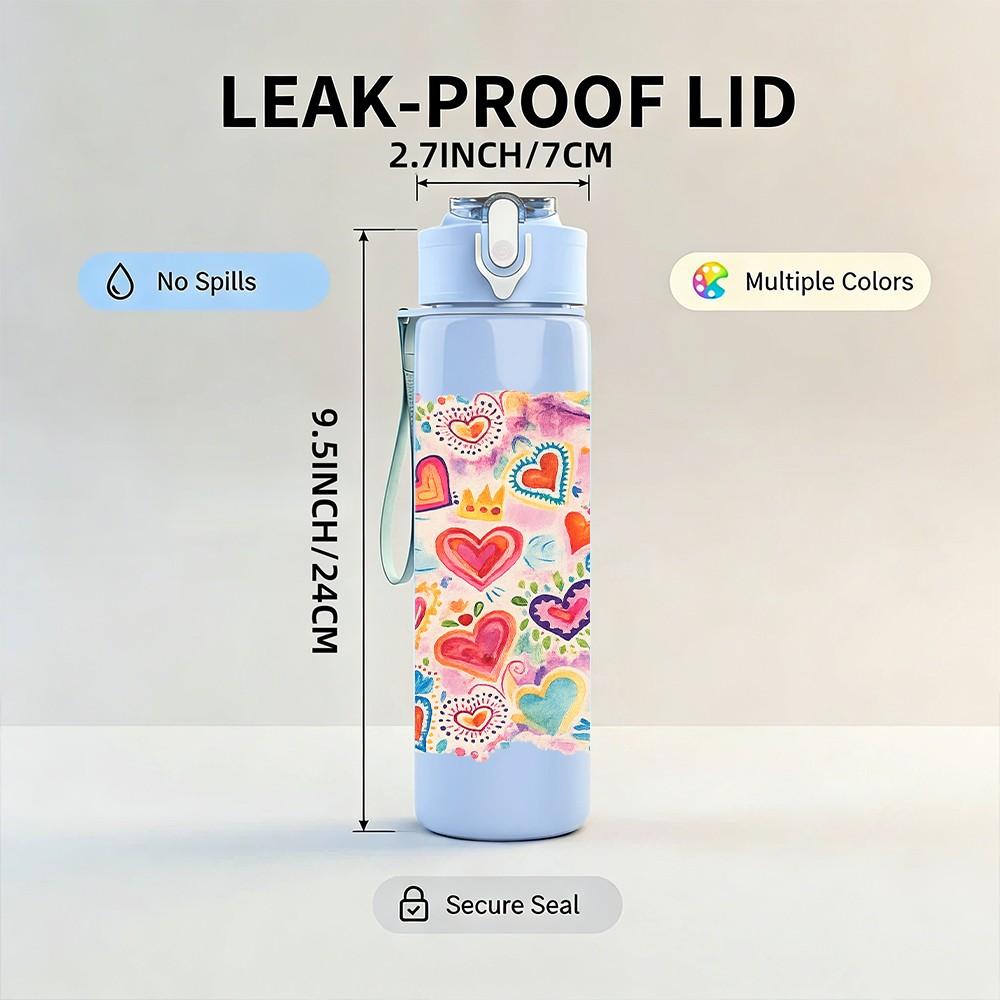 1PC Heart Love Seamless Pattern Print 750ml Color Plastic Sports Water Bottle Leakproof Flip Straw Lid Suitable for Sports Office Home Use