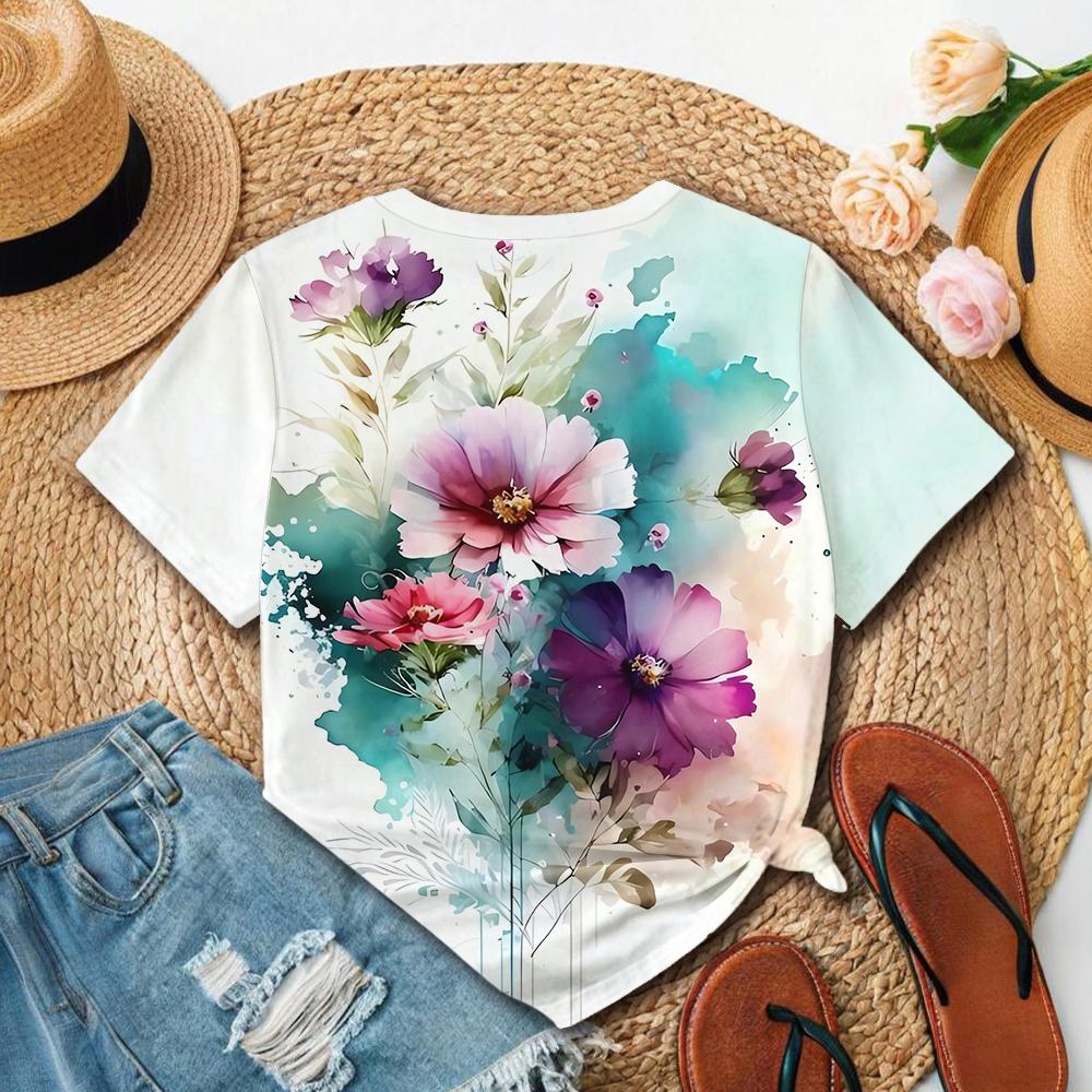 Summer Round Neck 3D Watercolor Print Top Fashionable Casual Short Sleeved Women's T-shirts