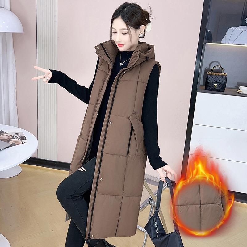 Large size long knee down cotton vest thickened cotton coat hooded autumn and winter sleeveless thick vest women's clothing