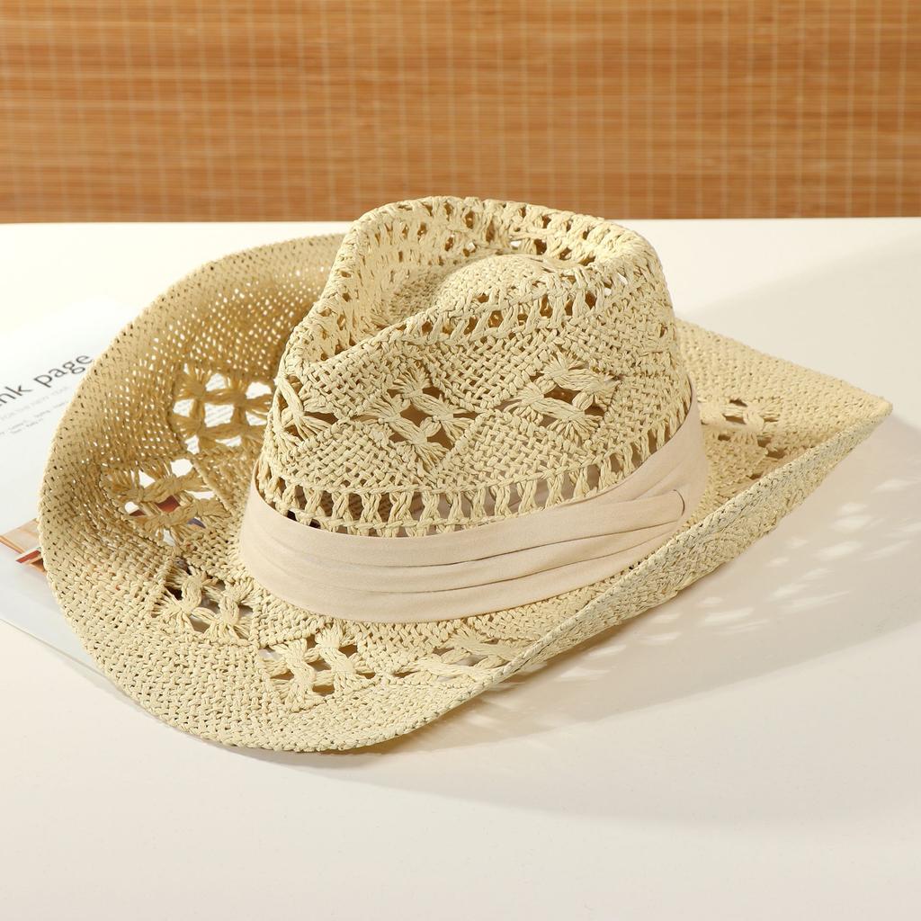 New Summer Outdoor Men Women Hand-woven Western Cowboy Paper Straw Hats Wide Brim Breathable Beach Jazz Cap Sun Protection Hat