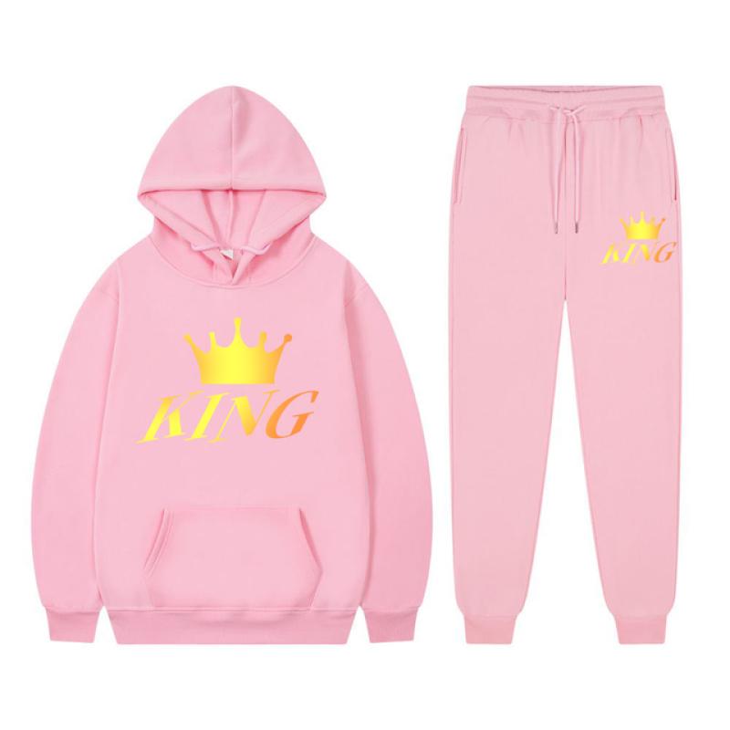 Long Sleeved Tracksuit QUEEN KING Print Lover Couple Outfits Fleece Hoodie Sweatpants Oversized Sweatshirt Pants Suit Men Clothe