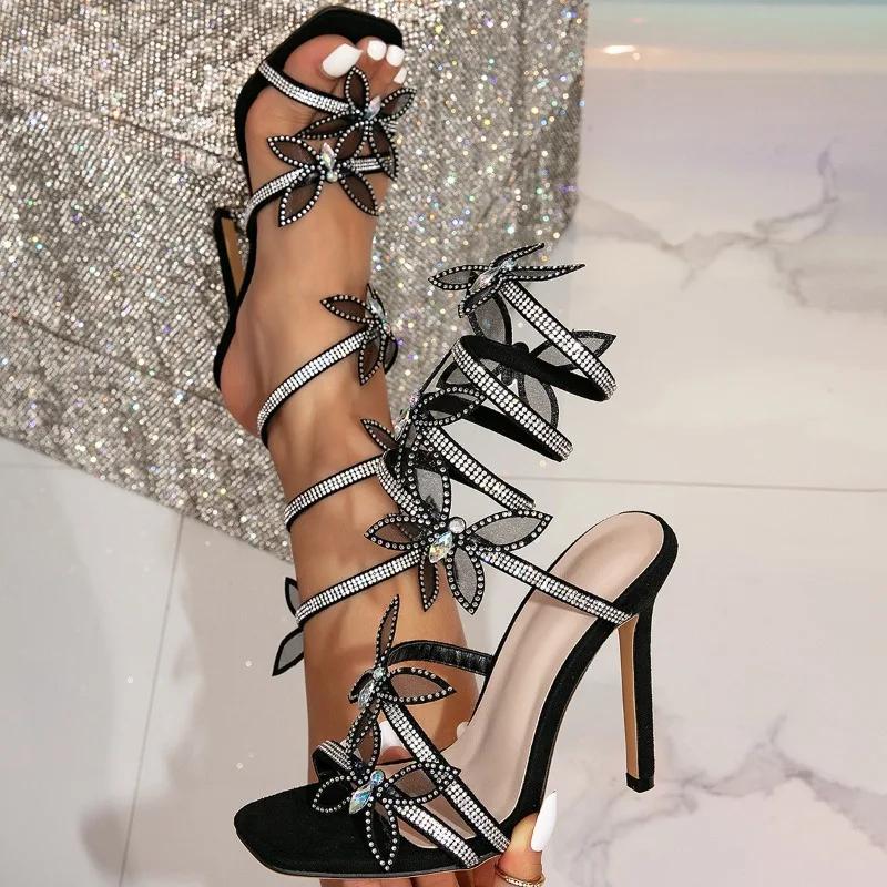 Fashion 2025 Elegant Design Crystal Butterfly-knot Ankle Strap Woman Sandals Sexy Open Toe Thin High Heels Stripper Party Pumps Shoes