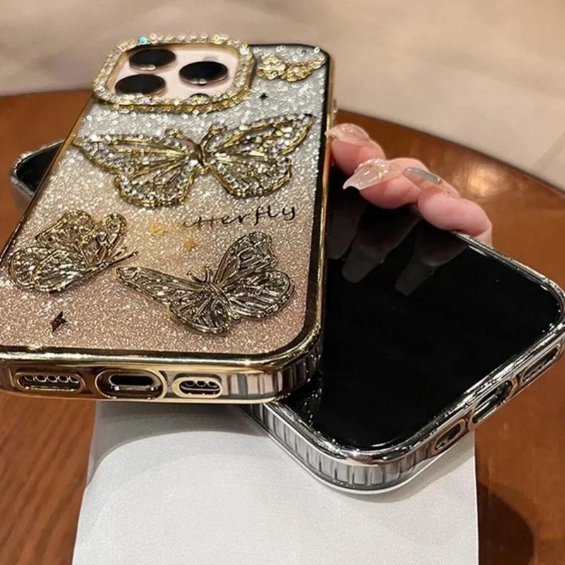 Plating Women Girl's Diamond Butterfly Phone Case for iPhone 17 16 11 12 13 14 15 Pro Max Plus Transparent Soft Silicone Cover