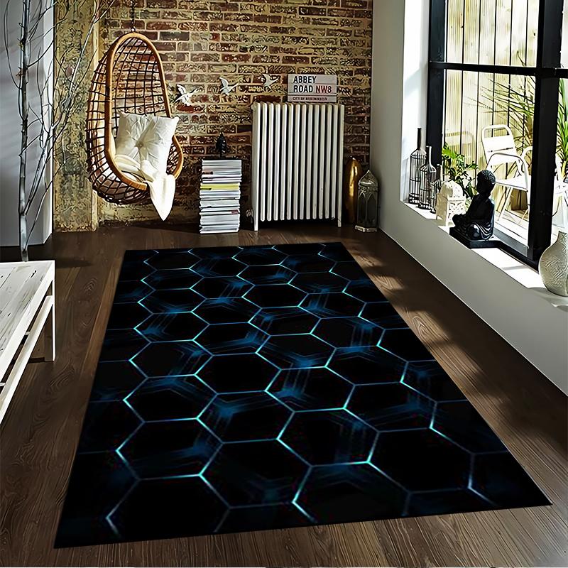 Hexagonal Pattern Rug with Futuristic Blue Glow on Black Background Suitable for use as an anti-slip for living room bedroom sofas
