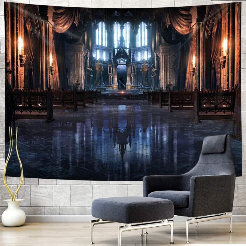 Castle Night Tapestry Fantasy Medieval Town Church Palace Wall Hangings Tapestry For Bedroom Gothic Style Castle Tapestries For 70x100CM