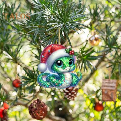 Enfeite de Natal de cobra plano 2D acrílico desenho animado pingente de cobra chapéu de papai noel festivo enfeite de cobra para decoração de porta de árvore