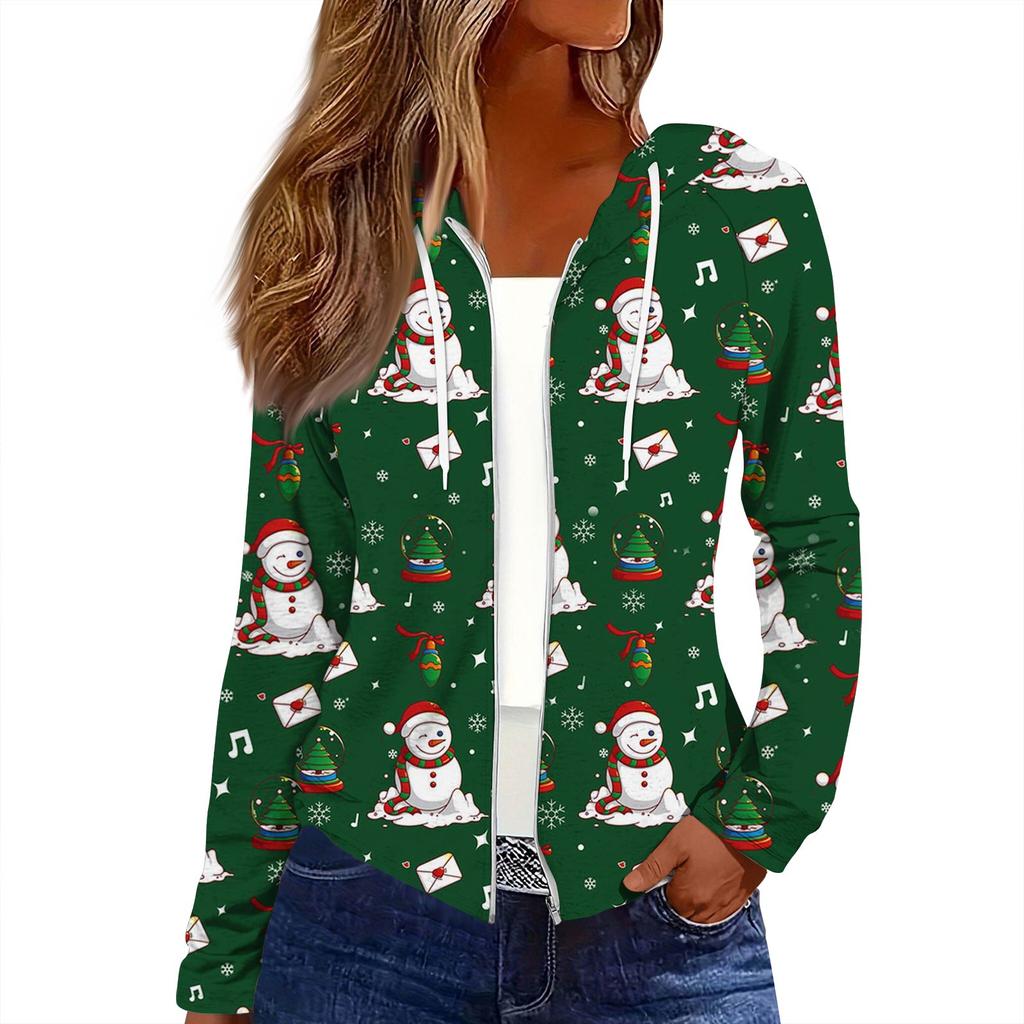 Chaqueta Casual con Capucha y Cremallera de Manga Larga con Estampado Navideño de Moda para Mujer