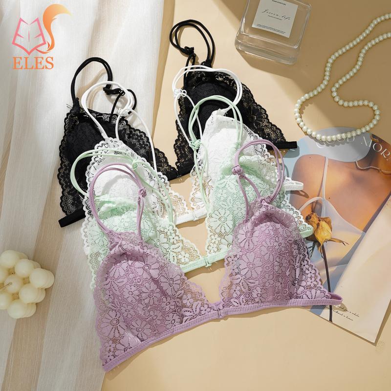 Sutiã de Renda Ultrafino com Botão Frontal Copa Triangular Francesa Seios Pequenos Sem Aro de Aço Desejo Puro Alça Fina Costas Lindas