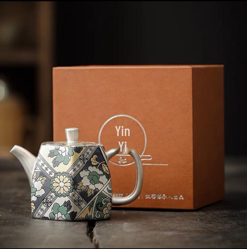

Enamel Ceramic Tea Set with Gilded Silver Pot