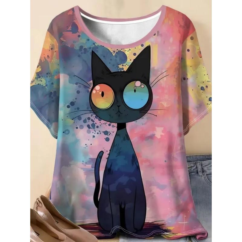 Fashion Women s Crew Neck Short Sleeve 3D Color Printed Animal Short Sleeve Crew Neck T-Shirt XS