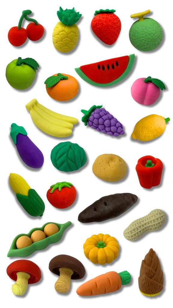PERSIMONE Mini Erasers Fun School Educational Miniature Pretend Random 22 Pieces - Stationery, Toy, Toy, Assembly, Play, Vegetables, Fruits, Design,