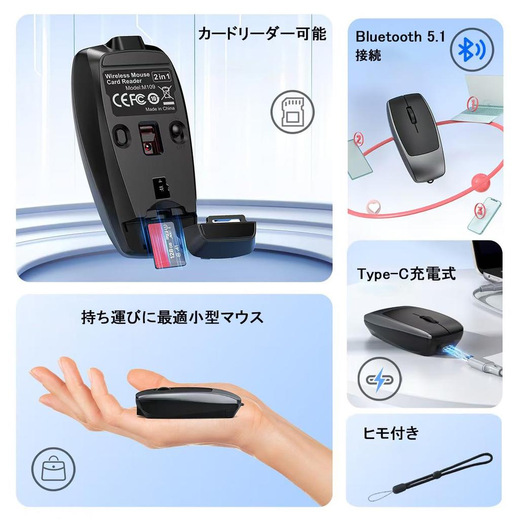 Mouse with Card Bluetooth for and Smartphones Ultra-Compact 2-in-1 Reader, Connection, Ultra-Lightweight (25g), Compact, Portable, Quiet, Wireless,