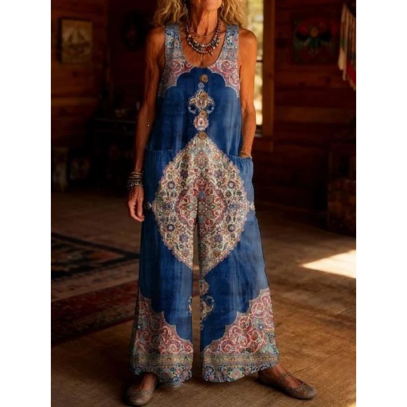 2026 Women's Vintage Summer Cotton and Linen Button Pocket Comfortable Sleeveless Casual One-piece Wide Leg Jumpsuit