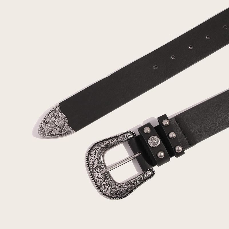 New Women's Retro Carved Western Buckle Double Ring Belt Fashionable and Versatile European and American Women's Belt